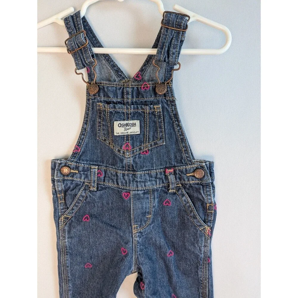 OshKosh B'gosh Overall Bibs Pink Hearts Denim 12 Months Blue Baby Toddler Girl